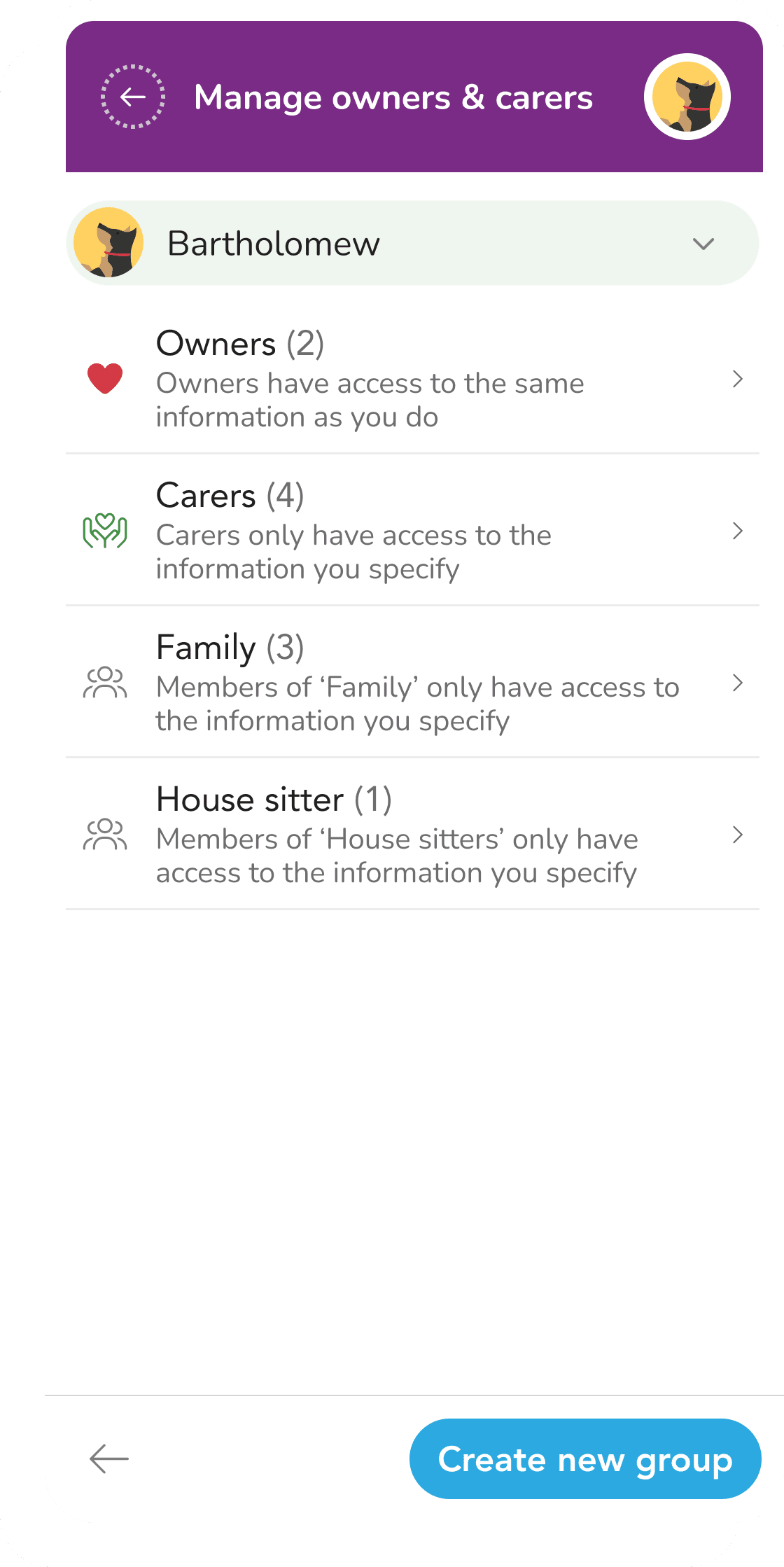 Carers and co-owners management screen
