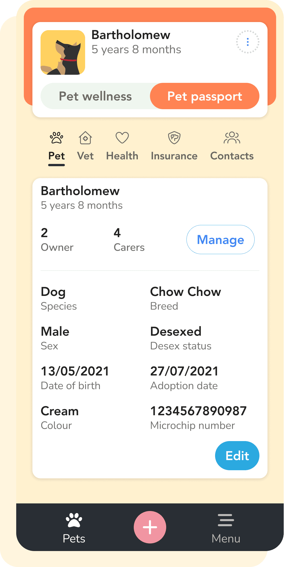 Pet passport with details, documents and records