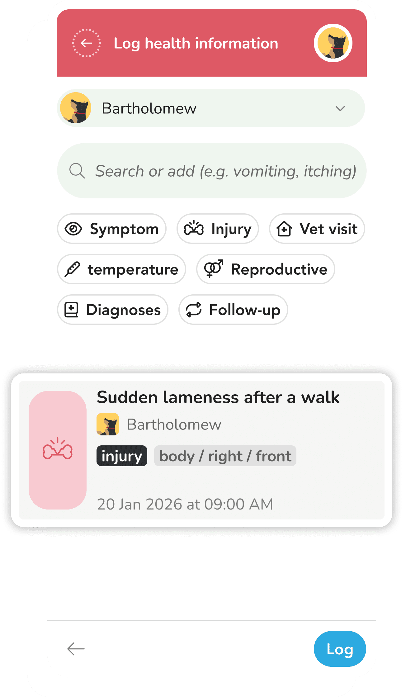 Health logging timeline screen