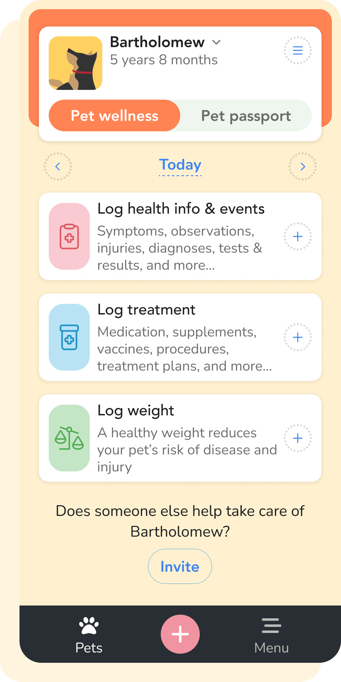 Pet wellness screen with health, treatment and weight logging