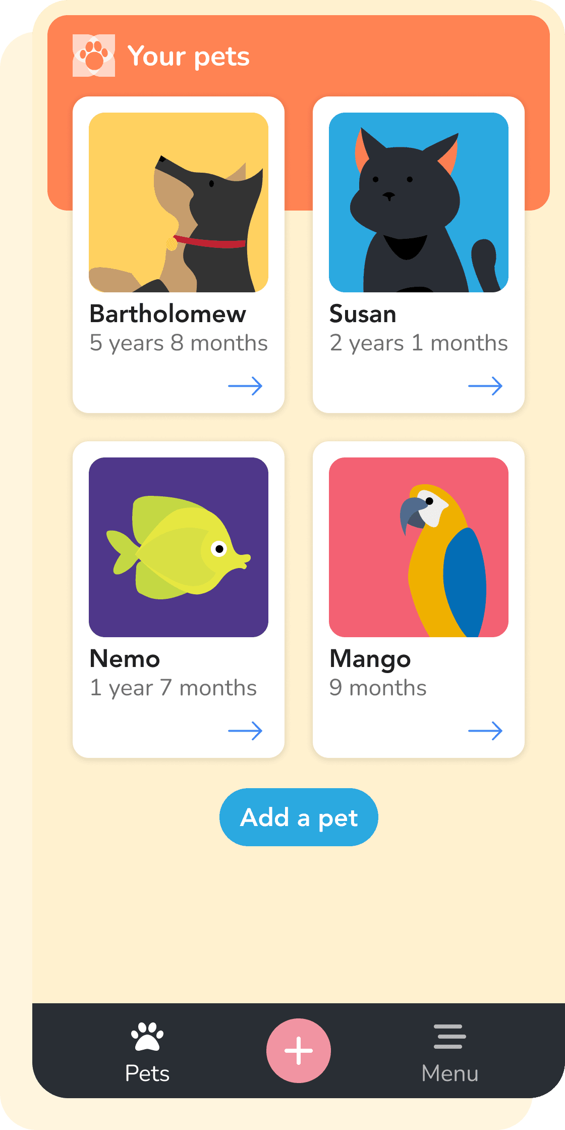 Multiple pets managed in one account